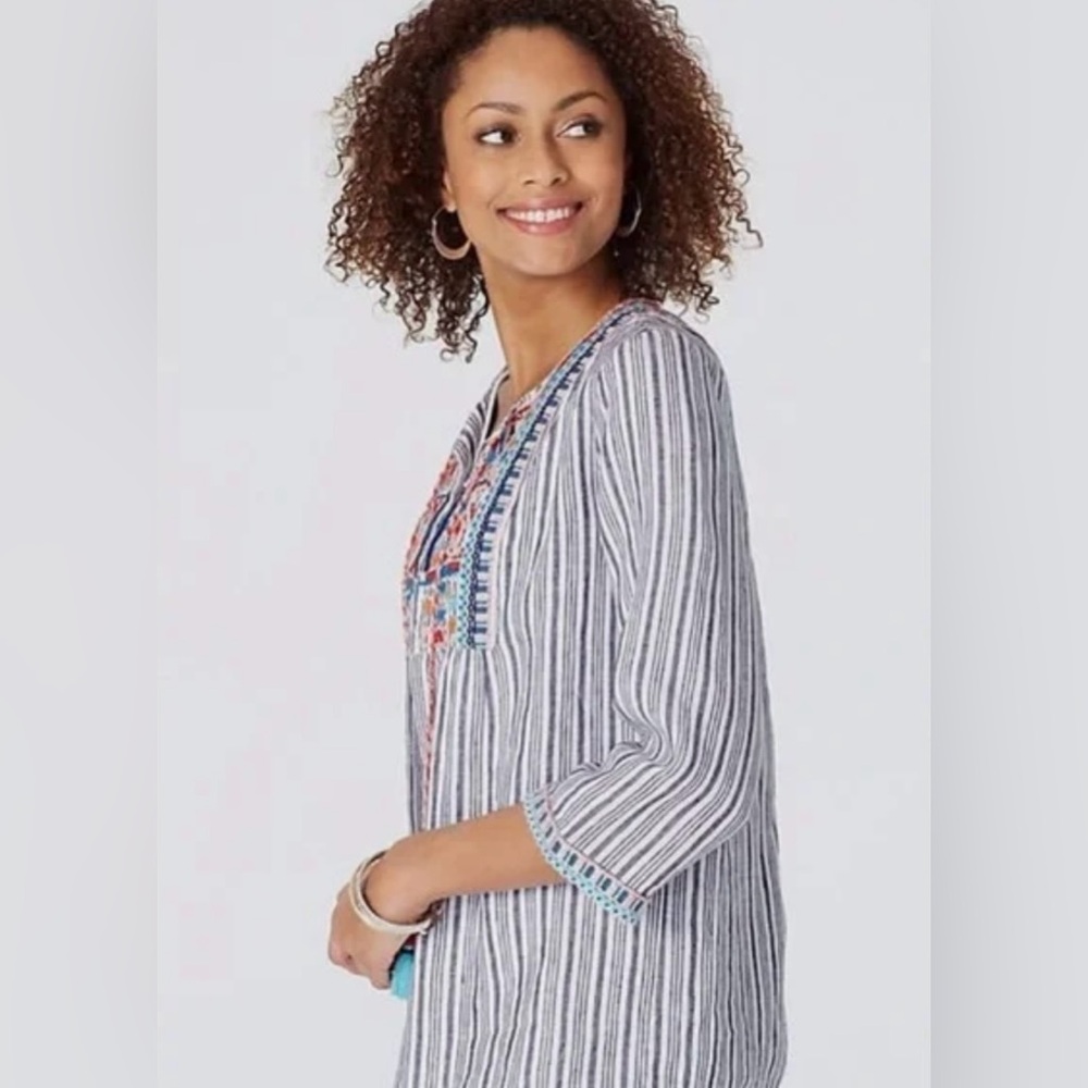 J. Jill Love Linen Striped Embroidered Boho Tunic Top with Tassels L - Picture 3 of 14